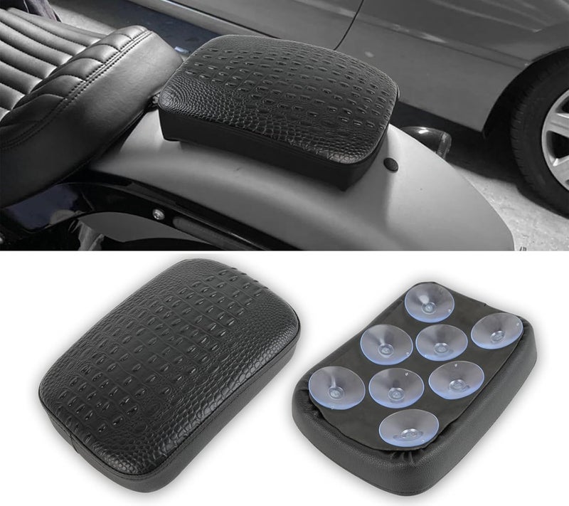 DREAMIZER Black Crocodile Leather Pillion Passenger Pad Rectangular Motorcycle Solo Seat Universal Rear Cusion 8 Suction Cups Pillon Cushion Compatible with Harley Custom Chopper Cruiser - Image 1